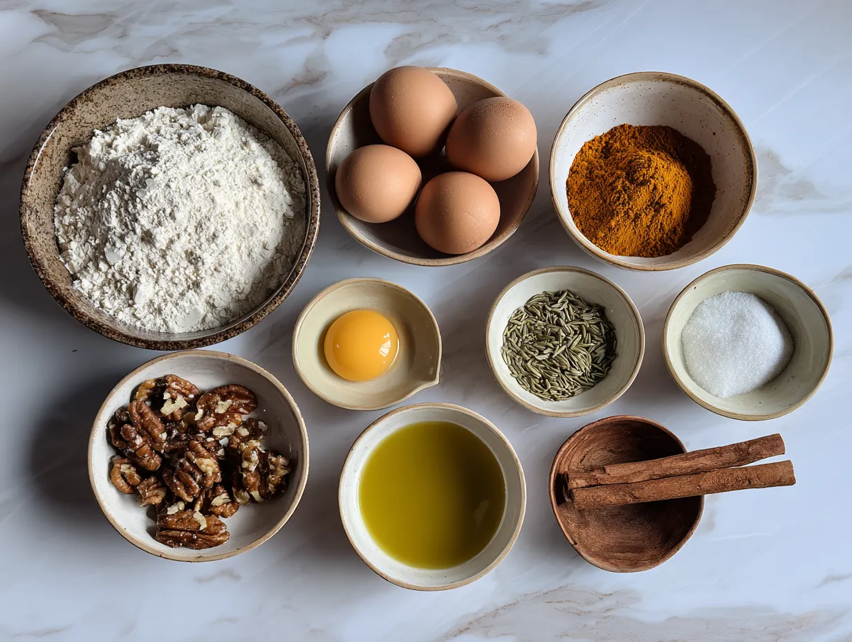 Ingredients for carrot cake banana bread laid out on a marble surface