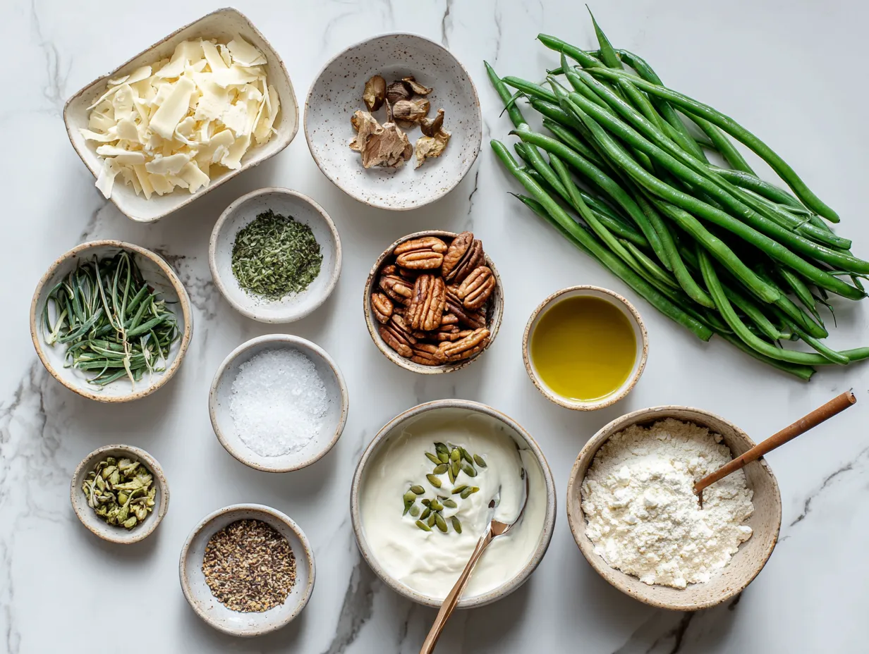 Ingredients for making Cheesy Green Bean Casserole, including green beans, cream of mushroom soup, cheddar cheese, and French fried onions.
