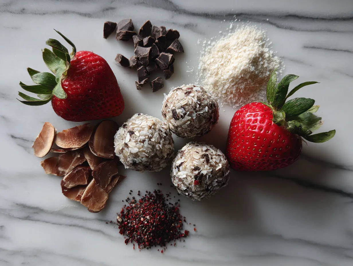 Ingredients for making Chocolate Strawberry Frozen Yogurt Bites including yogurt, strawberries, chocolate chips, and honey