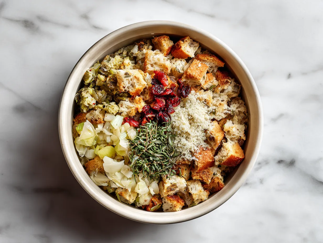 Ingredients for making Crockpot Stuffing including bread, celery, onion, cranberries, pecans and spices.