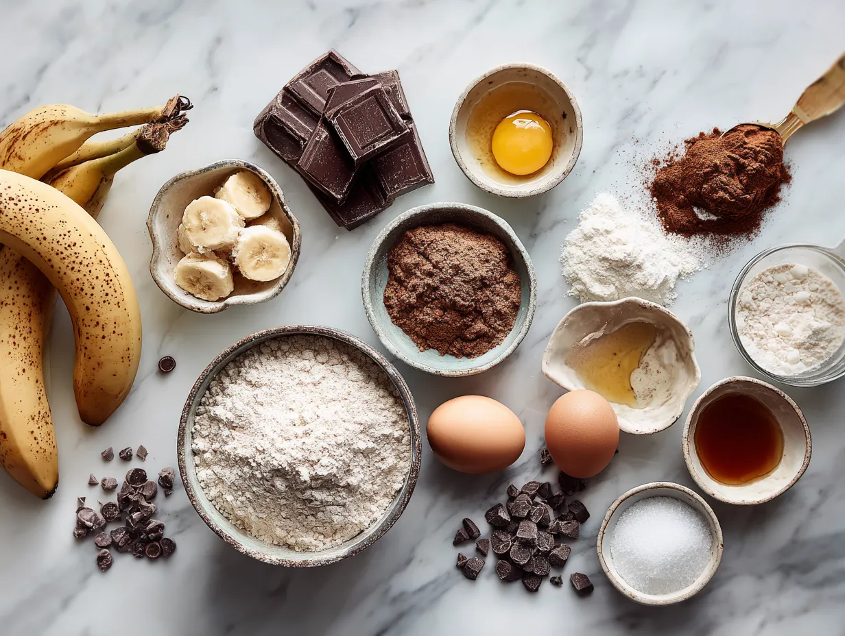 Ingredients for making Double Chocolate Banana Bread, including flour, sugar, cocoa powder, bananas, and chocolate chips, arranged on a marble countertop.