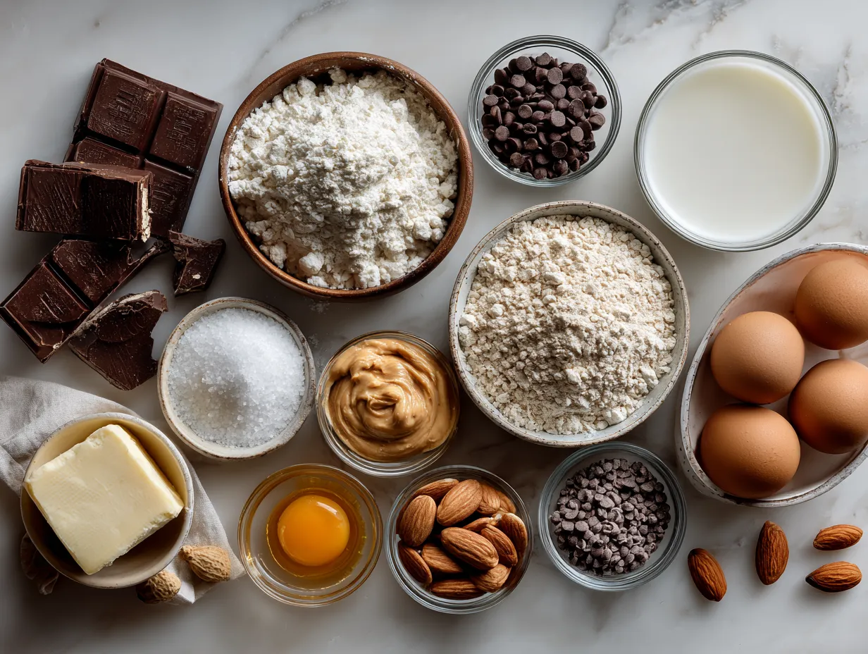 All the ingredients needed to make a delicious no-bake chocolate peanut butter pie laid out on a kitchen counter