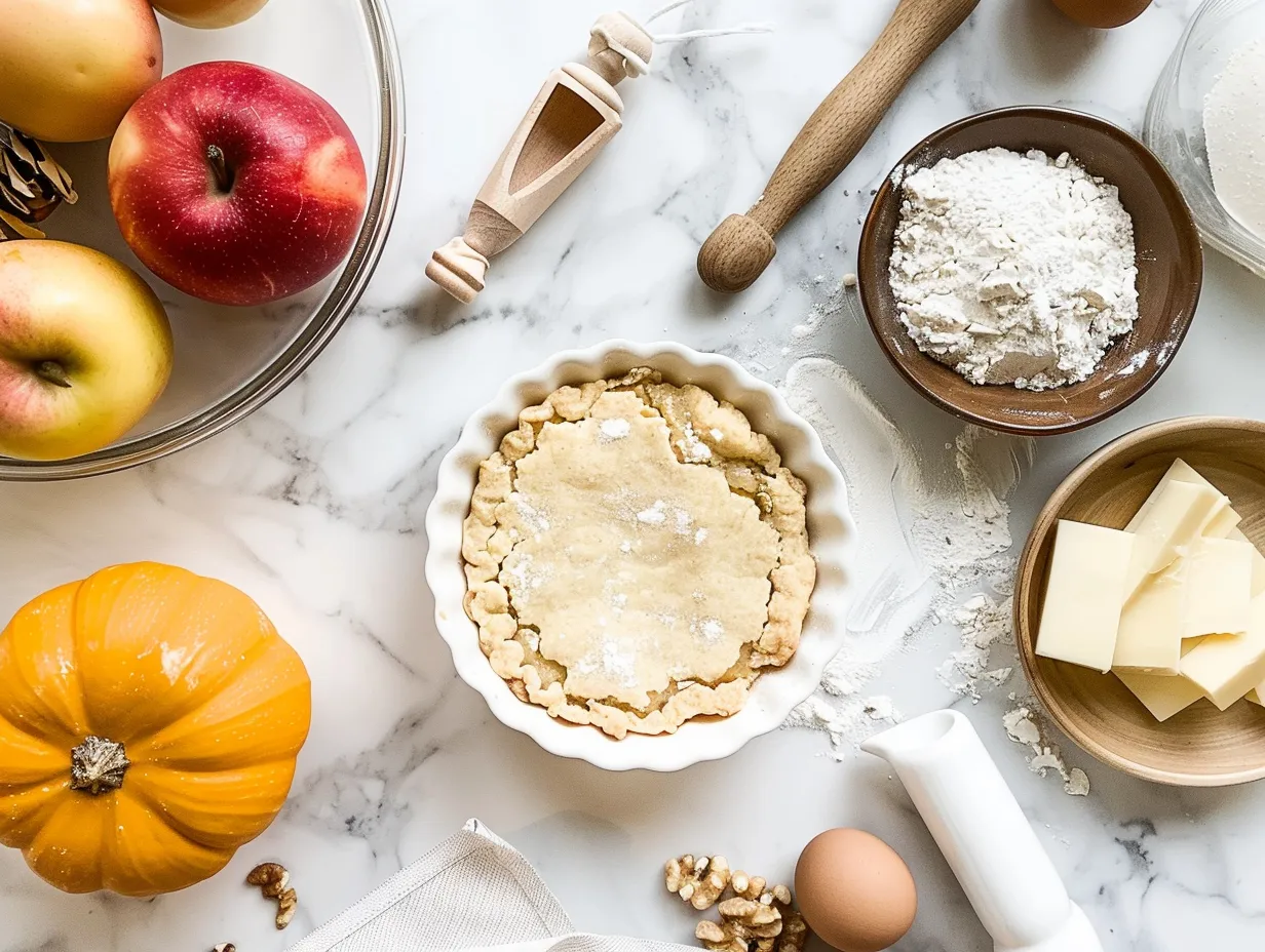 Ingredients for Possum Pie recipe, including cookies, cream cheese, pudding mix, and more, arranged on a marble countertop.