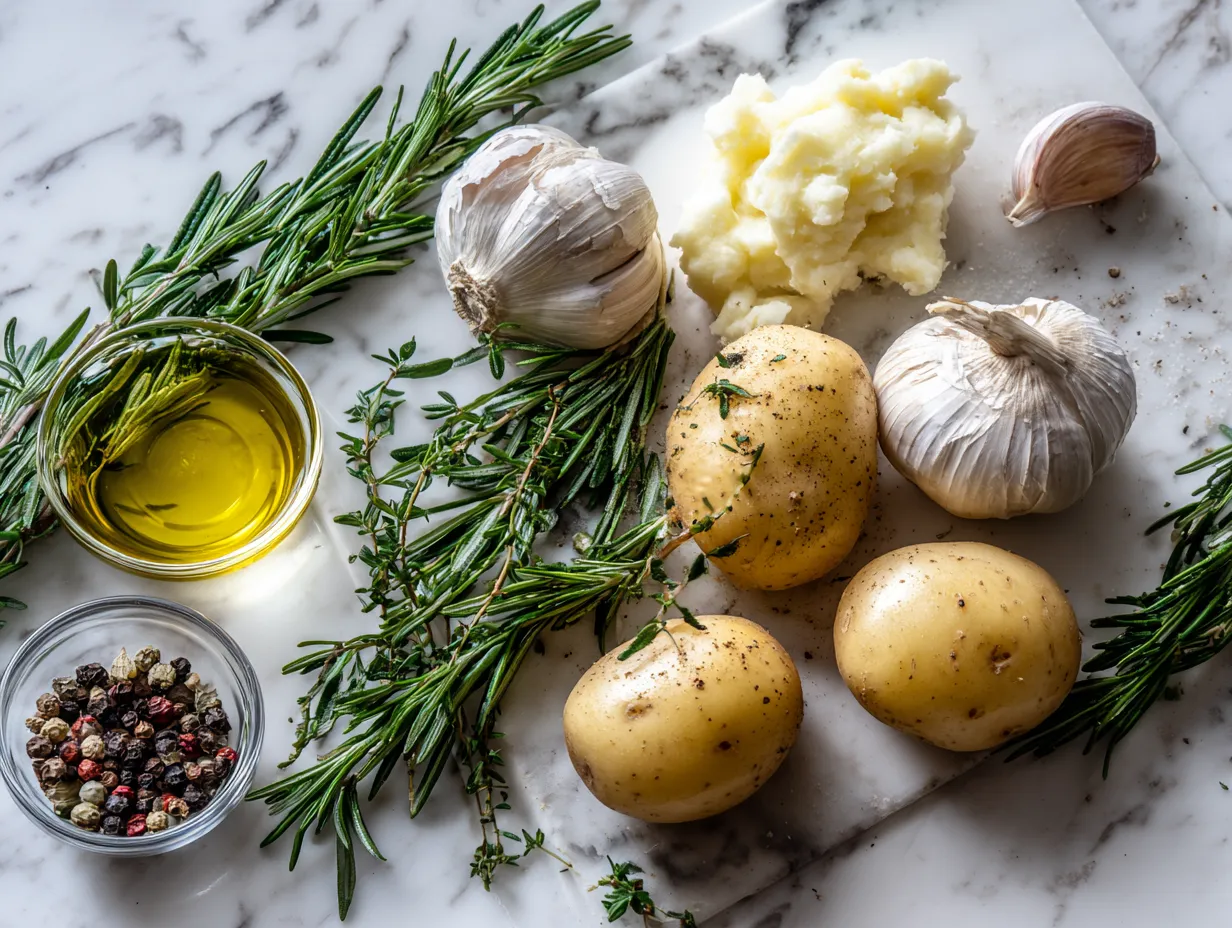 Ingredients for Rosemary Garlic Mashed Potatoes including Yukon Gold potatoes, garlic, rosemary, heavy cream, butter, salt, and pepper