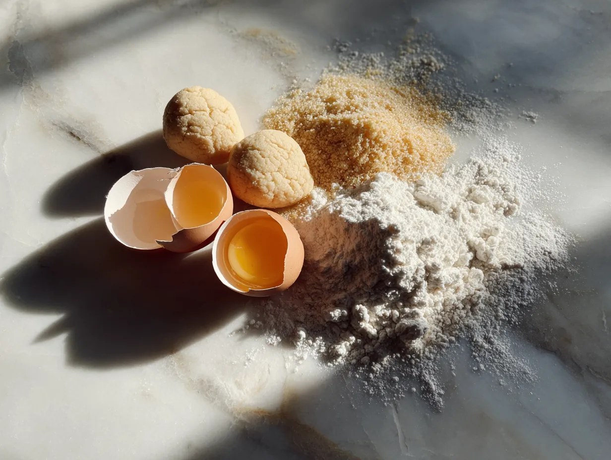 Ingredients for making soft sugar cookies laid out on a kitchen counter