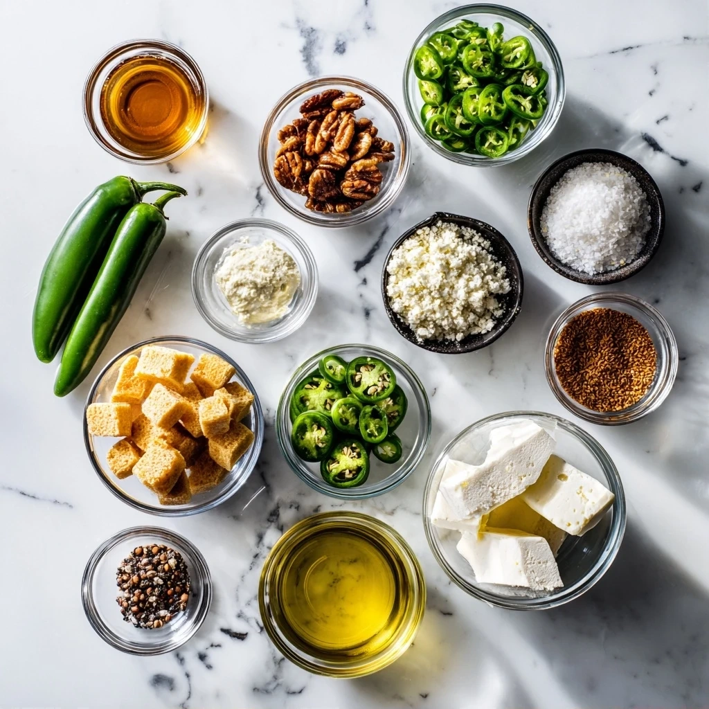 Ingredients for making Spicy Jalapeño Popper Cheese Ball including cream cheese, cheddar, bacon, jalapeños, and pretzels.