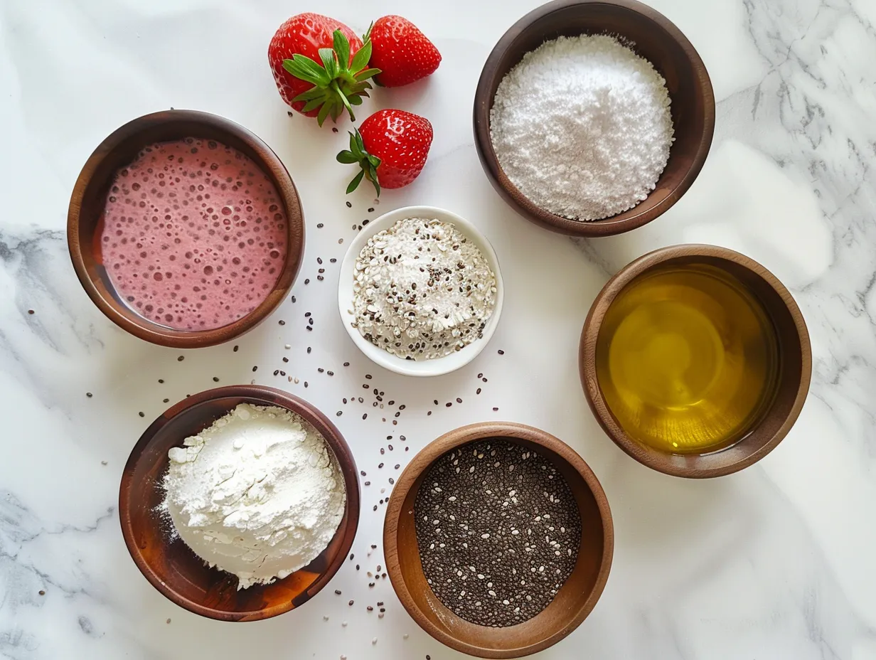Ingredients for making strawberry chia seed pudding with coconut milk