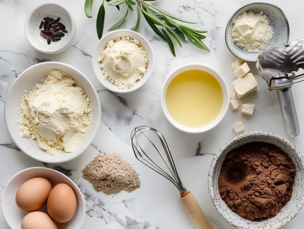 Ingredients for Vanilla Bean Brown Butter Cheesecake, including graham crackers, butter, cream cheese, sugar, sour cream, eggs, vanilla, and brown butter.