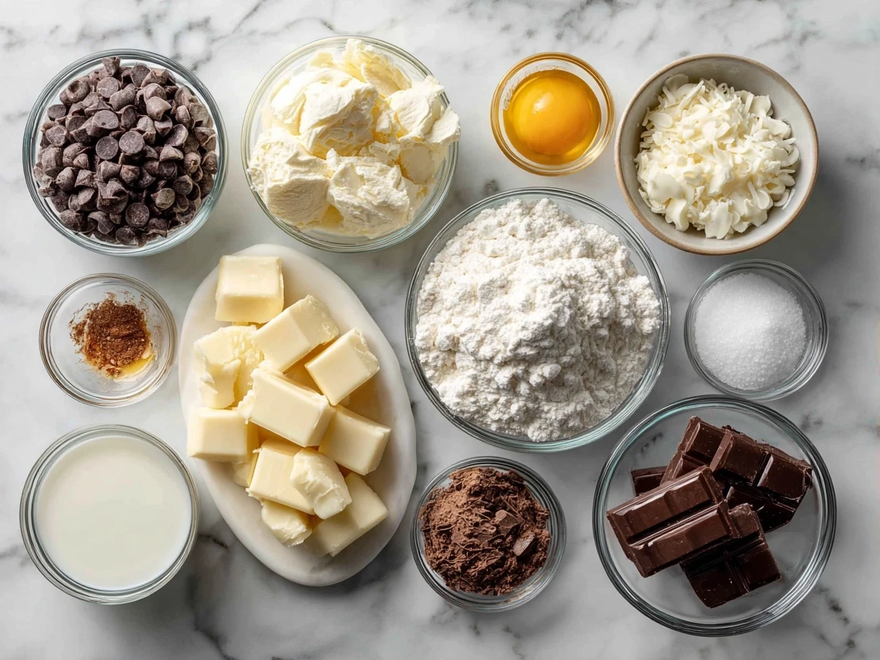 Ingredients for White Chocolate Blueberry Cheesecake including graham crackers, butter, sugar, cream cheese, eggs, vanilla extract, white chocolate, blueberries, and lemon juice, arranged on a marble surface.