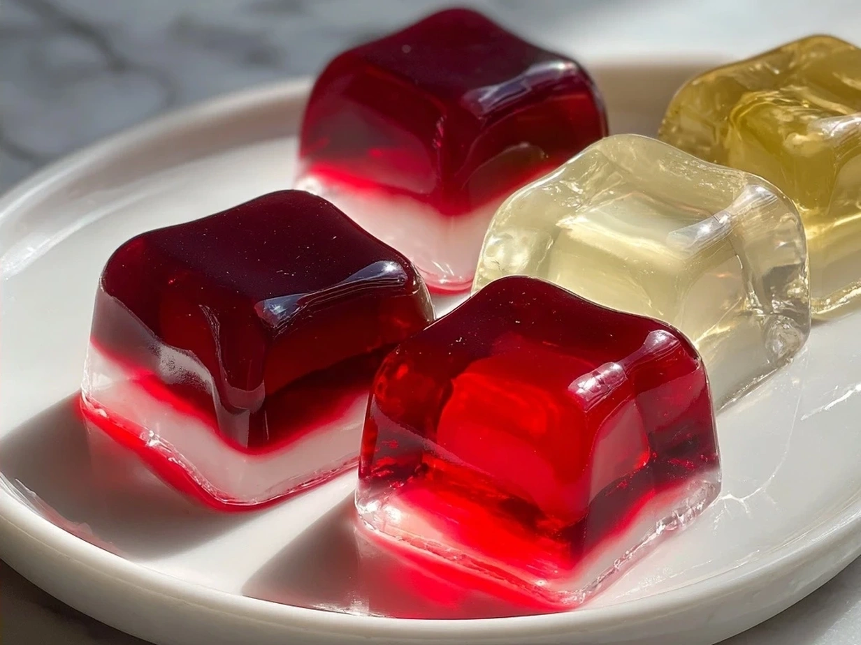 Finished jello shots in clear cups, garnished with fruit.