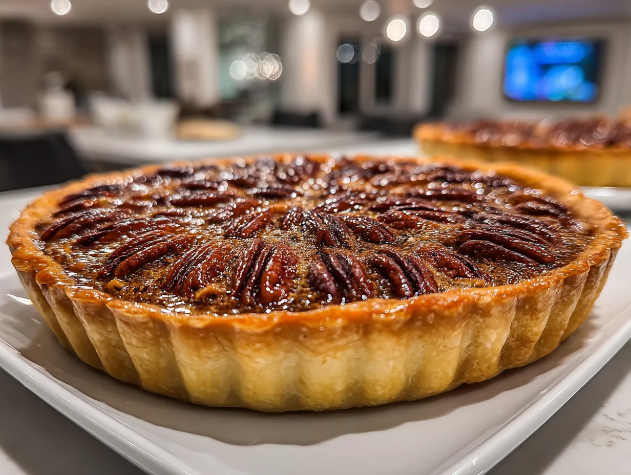 Finished Layered Chocolate Pecan Pie, sliced and ready to serve