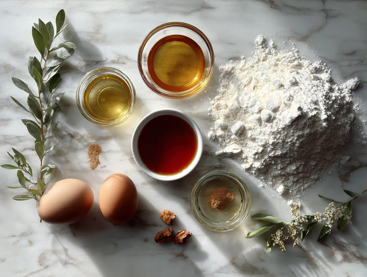 Maple Cream Pie ingredients: pie crust, cream, maple syrup, sugar, egg yolks, and more laid out on a wooden surface