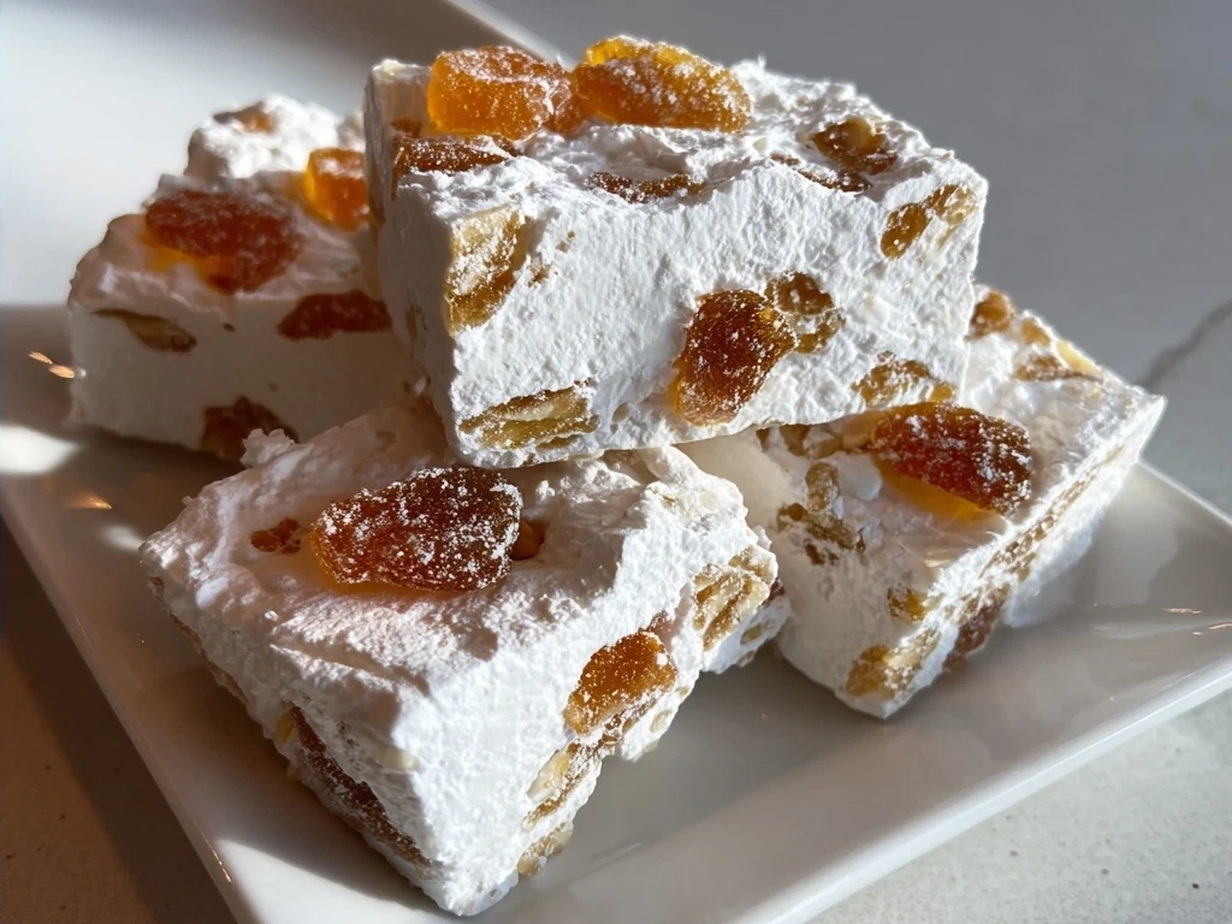 Finished Old-Fashioned Gumdrop Nougat Candy cut into squares and dusted with powdered sugar