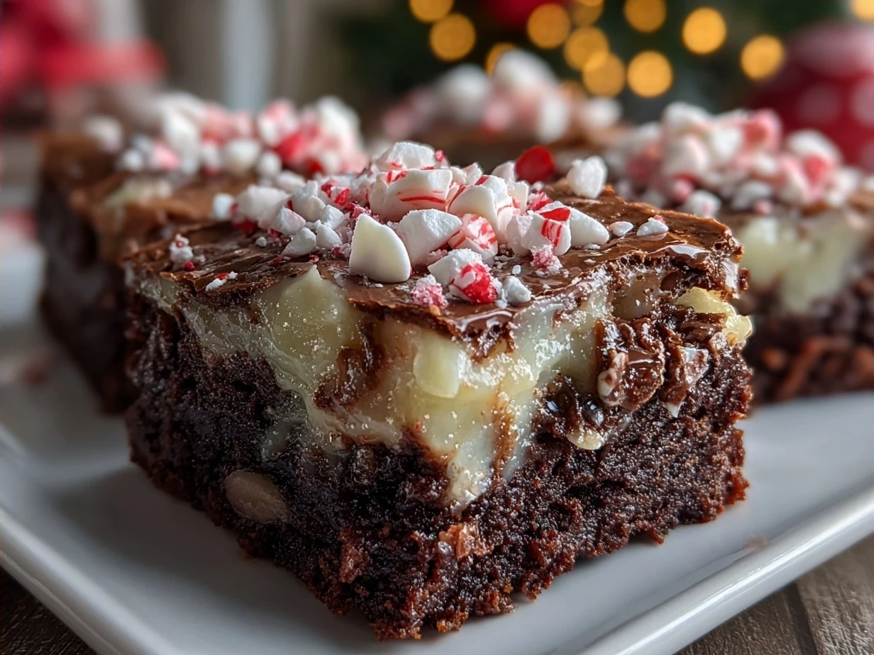 Delicious finished Peppermint Bark Brownies with white chocolate and peppermint topping.