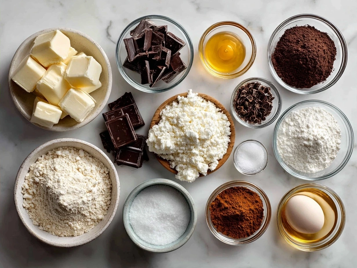 Ingredients for Peppermint Bark Brownies including butter, sugar, cocoa powder, peppermint candies, and chocolate.