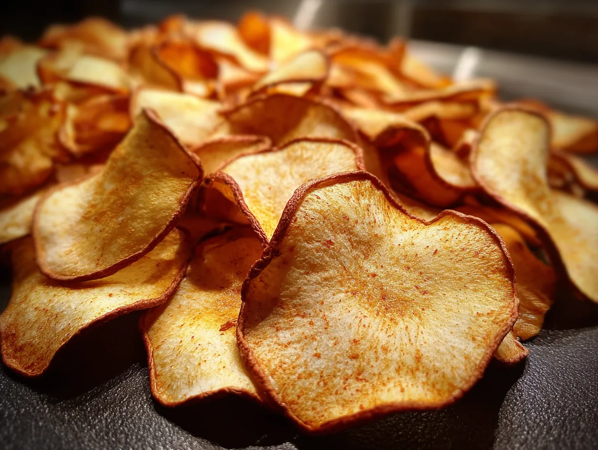 Crispy and golden apple chips fresh out of the air fryer.