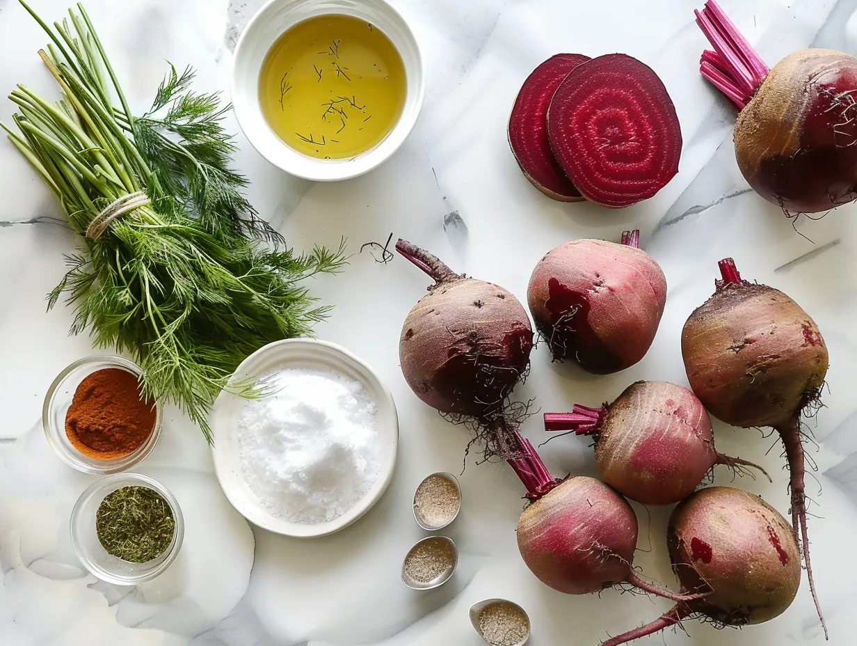 Ingredients for making Crunchy Pickled Beets: beets, apple cider vinegar, water, sugar, salt, mustard seeds, celery seeds, garlic, and red chili.