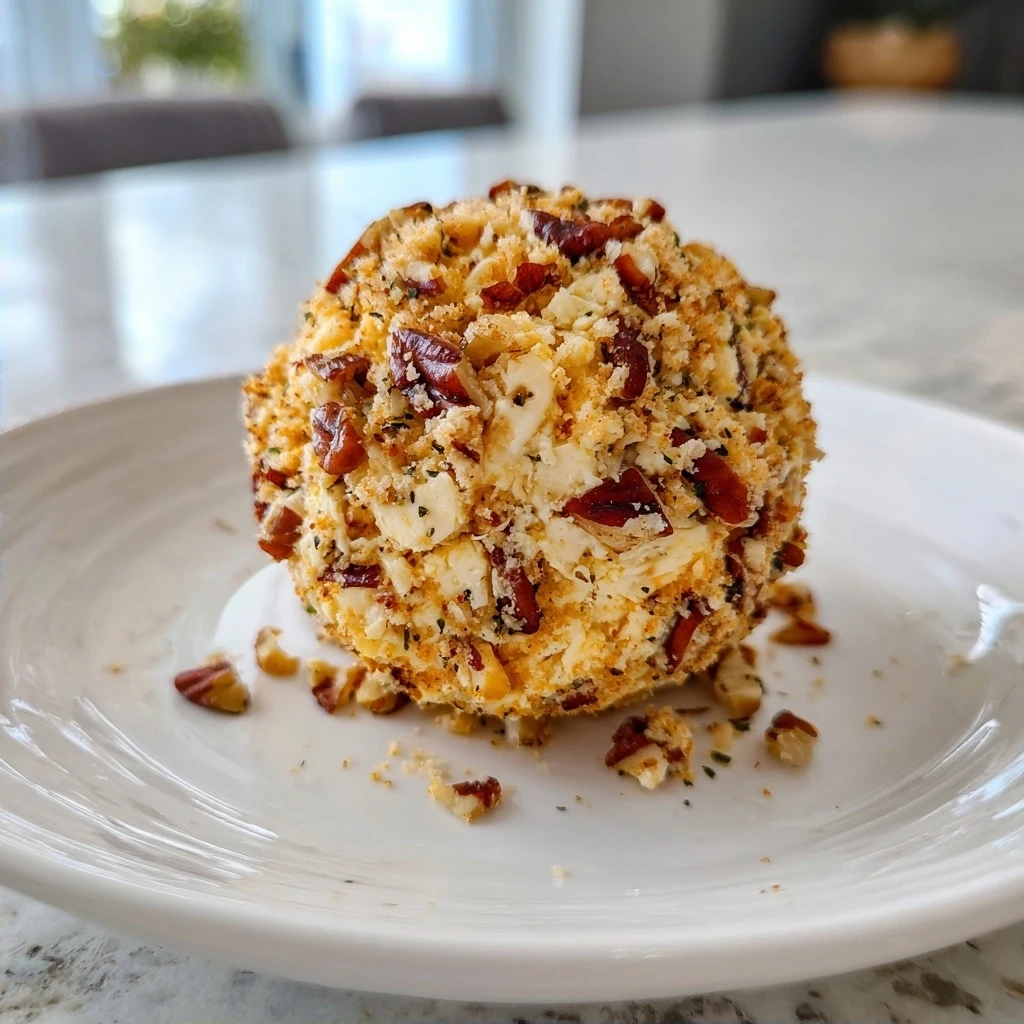 Finished pineapple pecan cheese ball coated in pecans and ready to serve.
