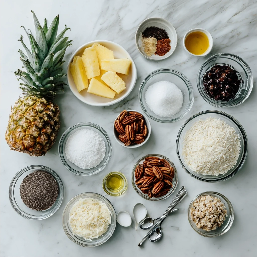 Ingredients for pineapple pecan cheese ball: cream cheese, pineapple, pecans, brown sugar, chives, and spices.