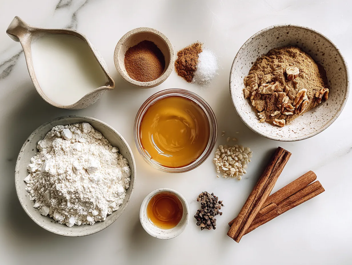 Ingredients for pumpkin cheesecake on a marble countertop.