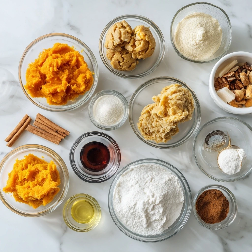 All ingredients for making Pumpkin Cookie Pie neatly arranged on a wooden surface, including butter, sugars, spices, and pumpkin puree.