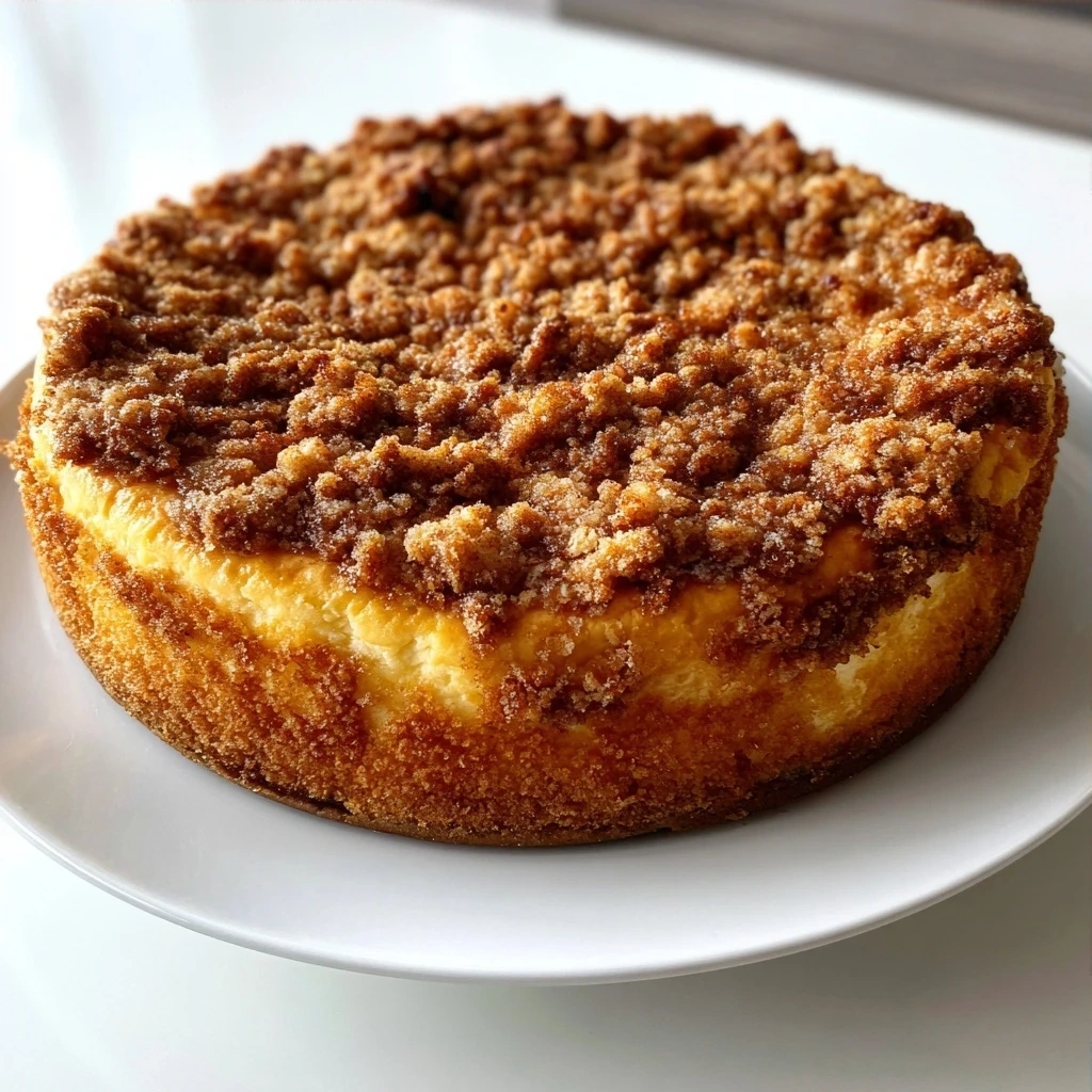 Final plated Pumpkin Streusel Cheesecake with whipped cream and cinnamon.