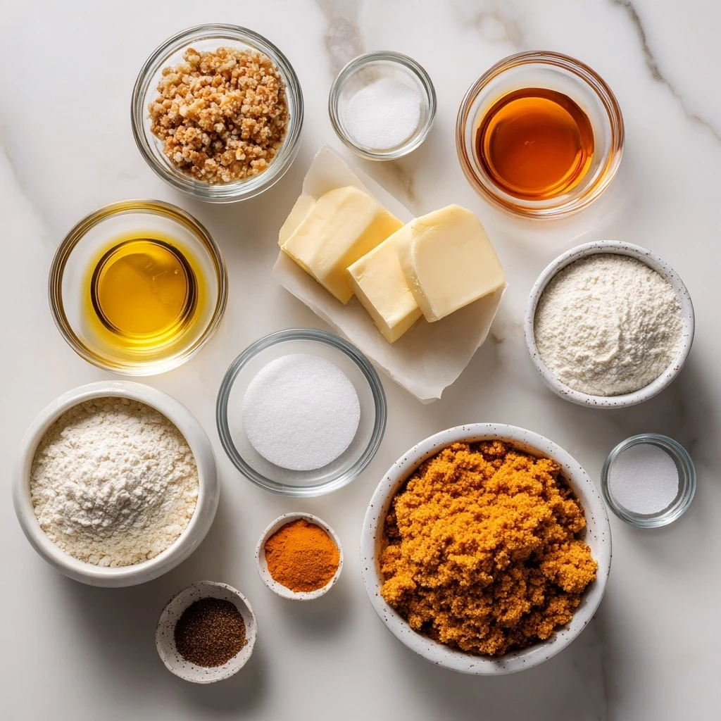 Ingredients for Pumpkin Streusel Cheesecake including graham crackers, butter, sugar, cream cheese, pumpkin puree, eggs, vanilla, cinnamon, ginger, cloves, nutmeg, flour, brown sugar, pecans.