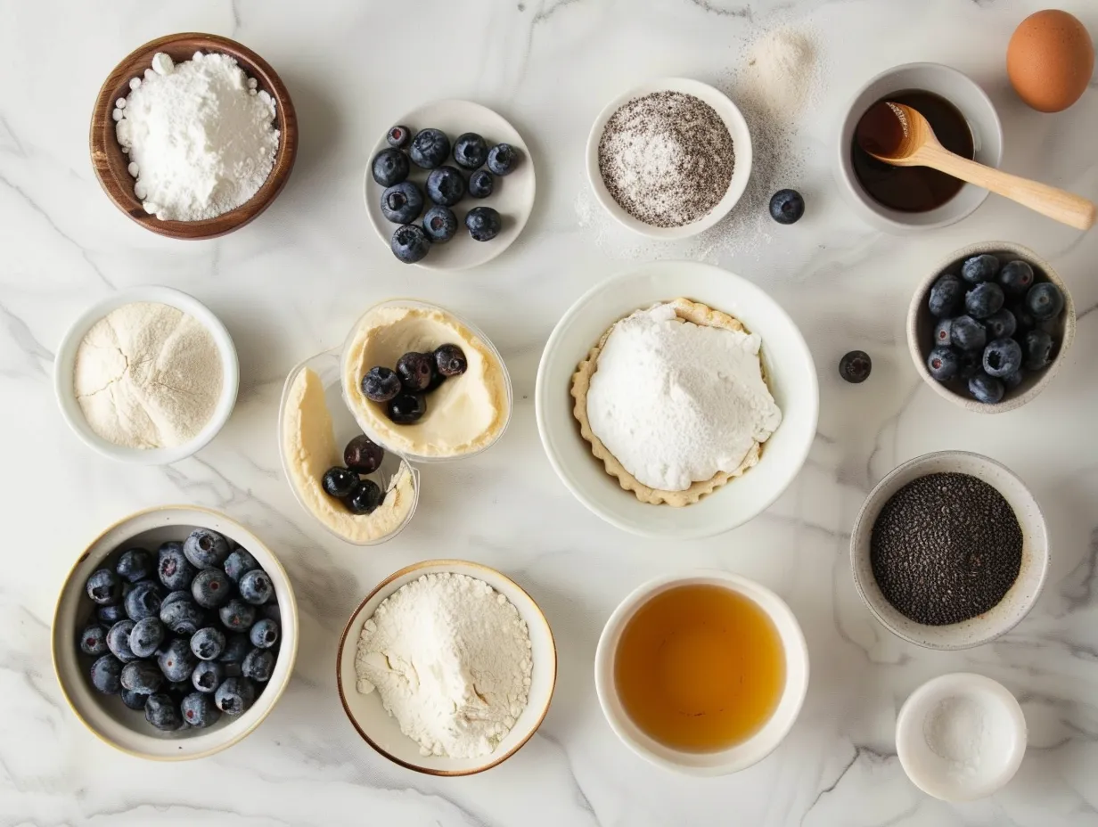 Ingredients for a Blueberry Pie Recipe, including blueberries, flour, sugar, lemon, and butter, laid out on a white marble surface