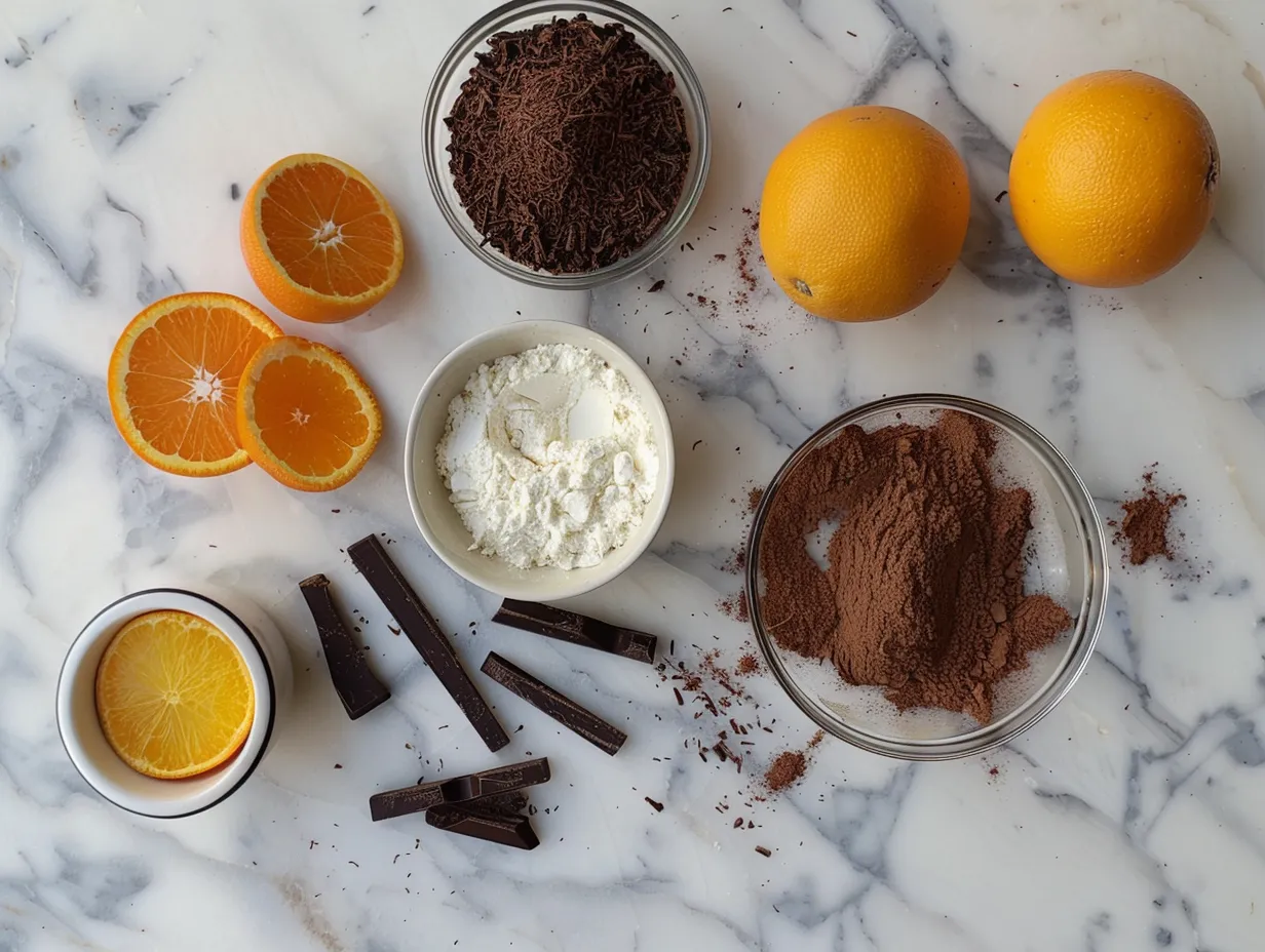 Ingredients for making Chocolate Orange Posset on a white marble surface