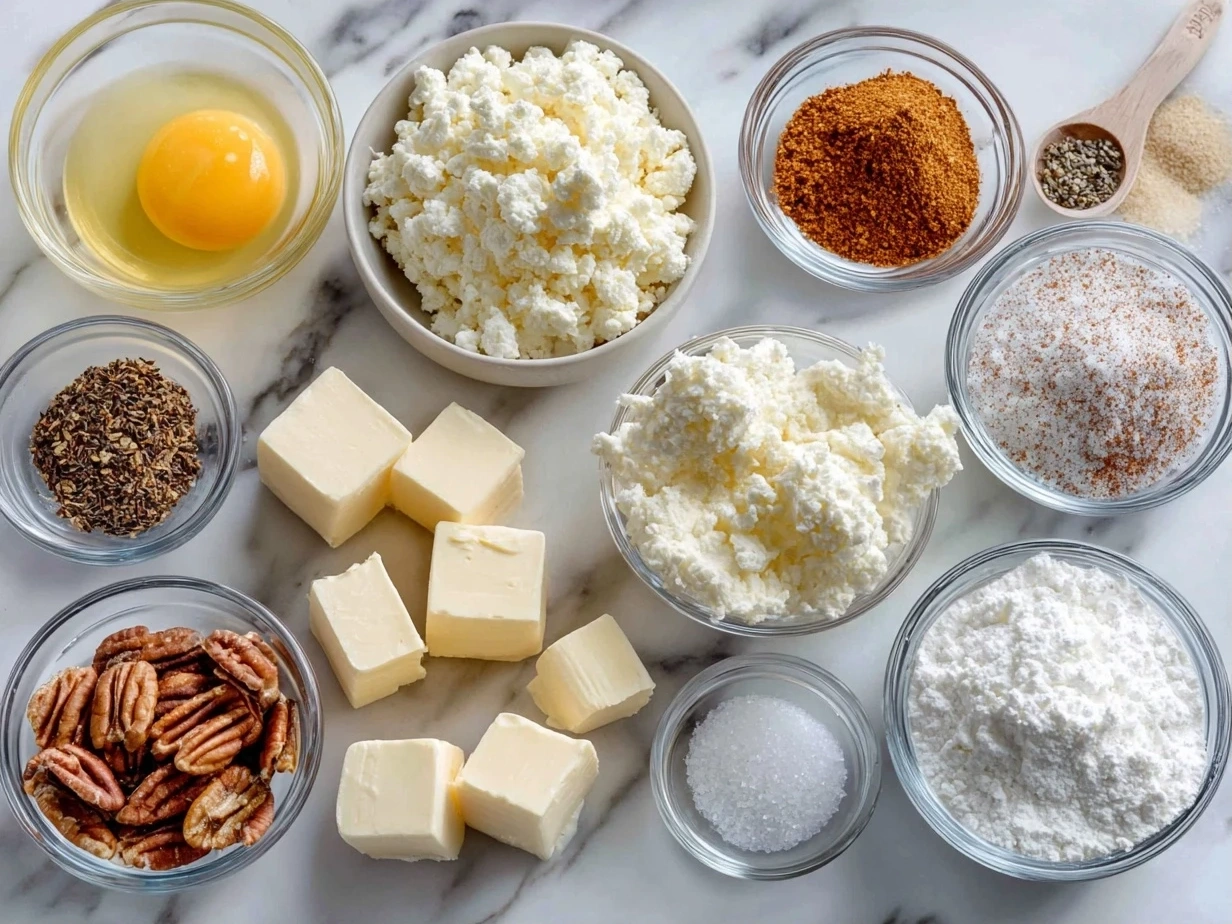 A variety of ingredients including cream cheese, cheddar cheese, Monterey Jack cheese, mayonnaise, sour cream, pickled jalapenos, bacon, green onions, garlic powder, onion powder, black pepper, panko bread crumbs, and butter, laid out for making a jalapeno popper cheese ball.