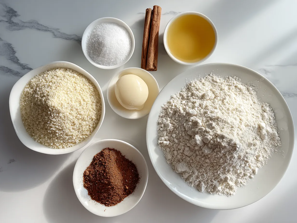 Ingredients for making apple chips in an air fryer: apples, lemon juice, cinnamon, nutmeg, and maple syrup.