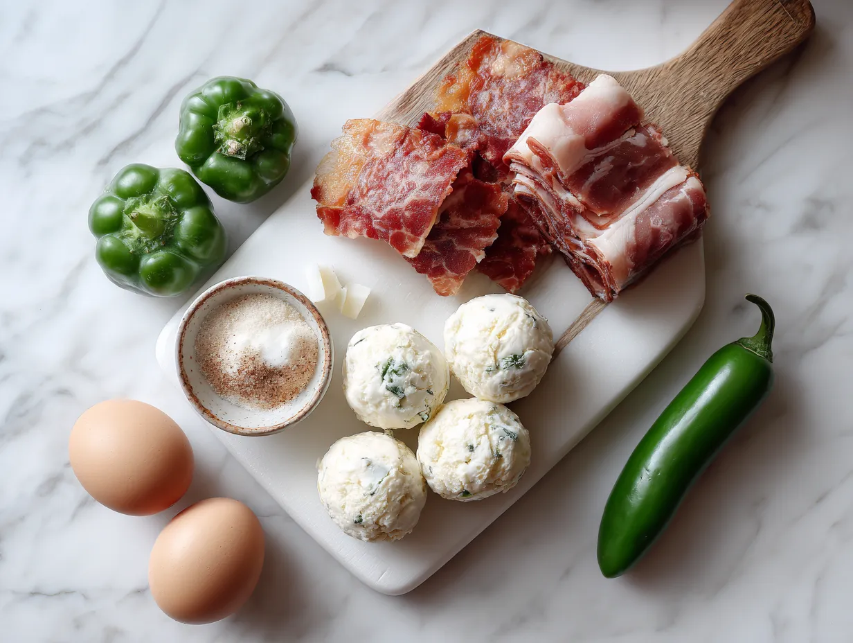 A collection of raw ingredients for making bacon jalapeño cream cheese balls, including cream cheese, cheddar cheese, bacon, and jalapeños, arranged on a white marble surface.