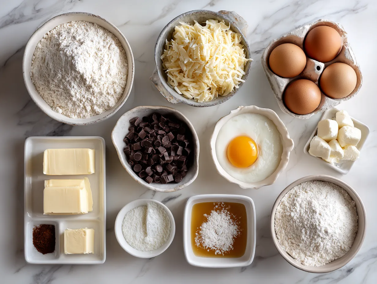 Raw ingredients including macaroni, cheese, butter, flour, and milk for making the baked mac and cheese recipe