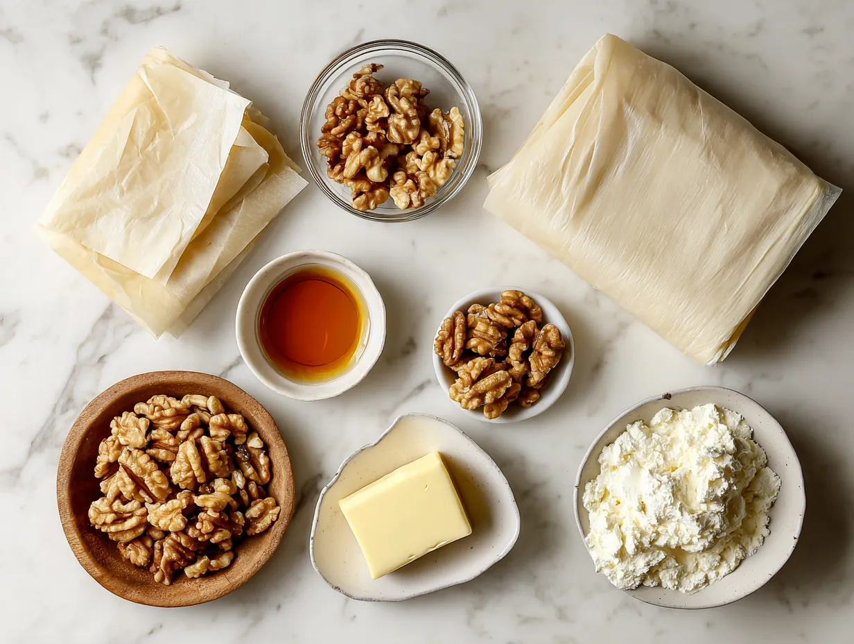 Raw ingredients for Baklava Cheesecake Phyllo Cookies including phyllo dough, cream cheese, walnuts, honey, and spices.