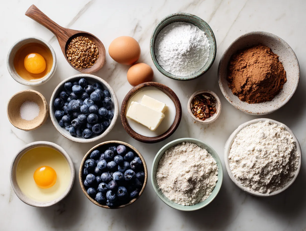 Ingredients for Banana Blueberry Muffins including flour, bananas, blueberries, eggs, and walnuts
