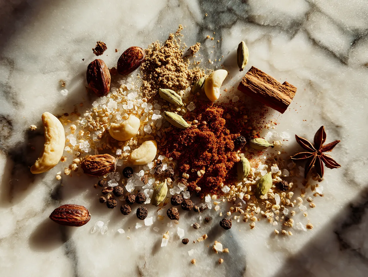 Raw ingredients for homemade banana jam including ripe bananas, sugar, lemon, and spices