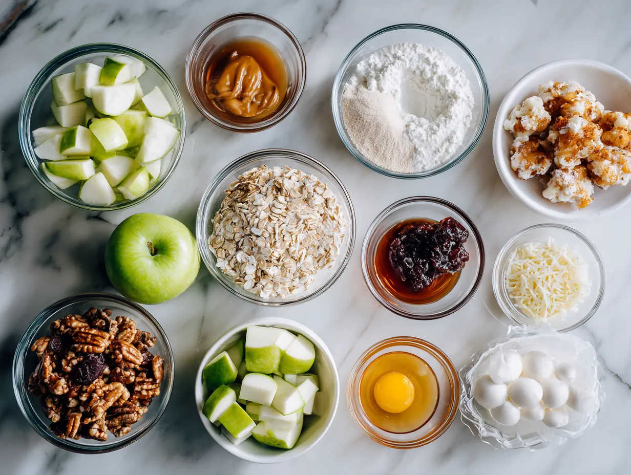 Ingredients for Caramel Apple Cheese Ball including cream cheese, apples, caramel, and spices