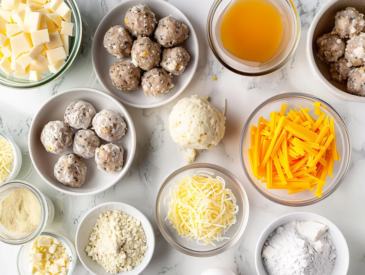 Raw ingredients for making Cheddar Bay Biscuit Sausage Balls, including sausage, biscuit mix, cheddar cheese, milk, butter, garlic powder, and parsley.