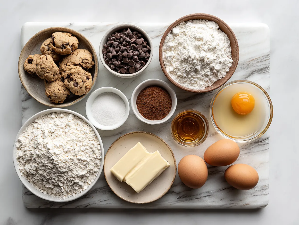 Ingredients for making chocolate chip cookie pie: butter, sugar, flour, eggs, chocolate chips