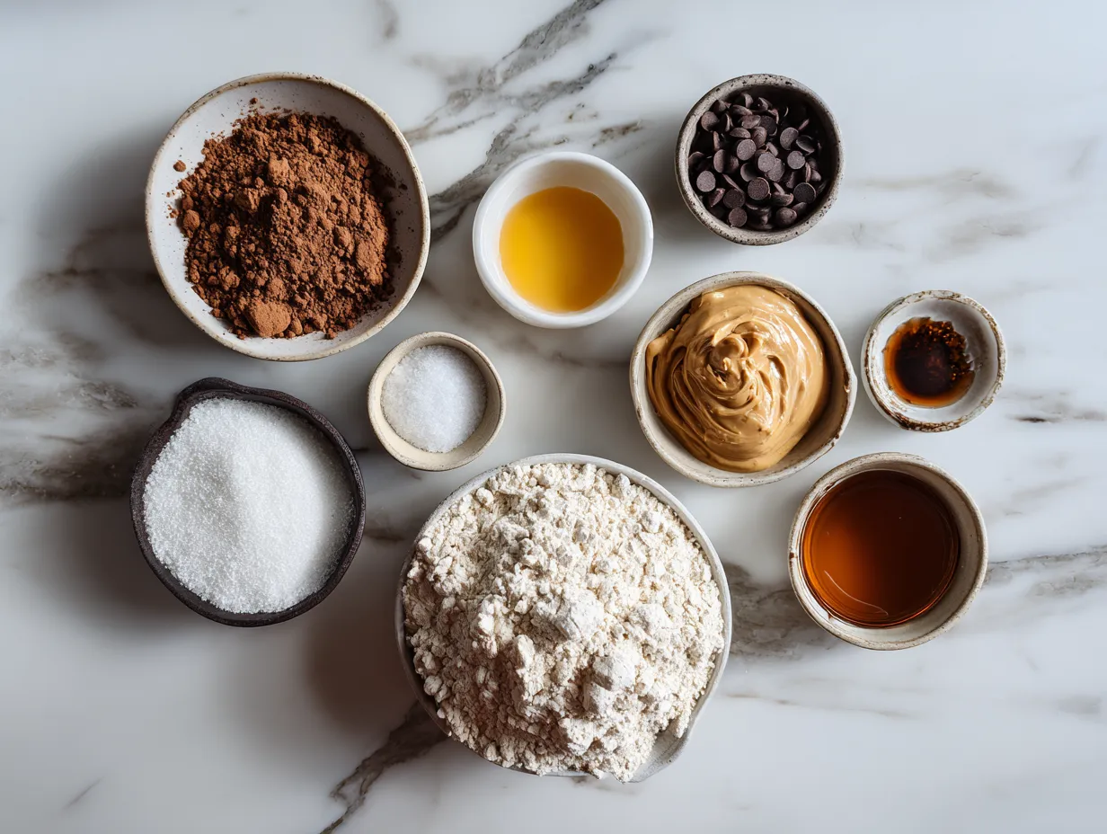 Ingredients for making chocolate peanut butter pie including chocolate cookie crumbs, peanut butter, cream cheese, and chocolate chips.