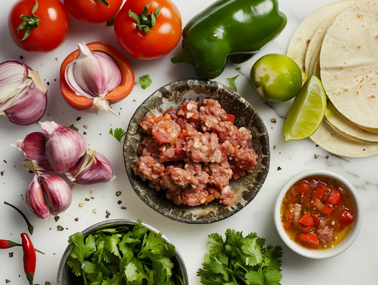 Ingredients for Chorizo Tacos including Mexican chorizo, onion, garlic, jalapeno, chili powder, cumin, smoked paprika, cilantro, lime juice, and corn tortillas.