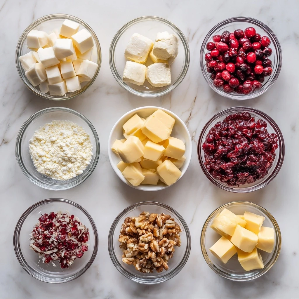 Raw ingredients for preparing Cranberry Brie Bites, including puff pastry, brie, cranberry sauce, pecans, maple syrup, and an egg.
