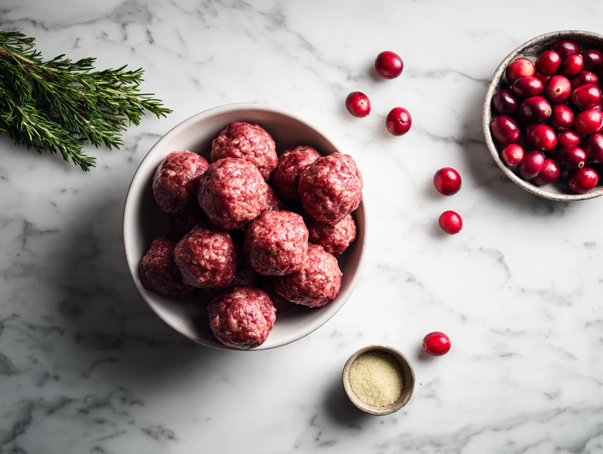 Ingredients for homemade cranberry meatballs including ground beef, breadcrumbs, cranberry sauce, and spices.