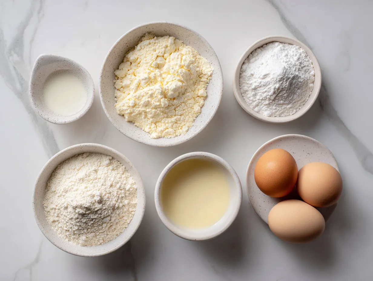 Ingredients for Creamy Yogurt Cake including flour, sugar, eggs, yogurt, and lemon zest