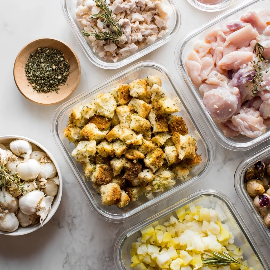 Raw ingredients for preparing Crockpot Chicken and Stuffing, including chicken breasts, cream of chicken soup, stuffing mix, and seasonings.