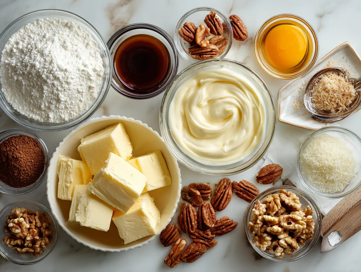 Raw ingredients for making custard pie with praline sauce including flour, butter, eggs, milk, sugar, pecans, and vanilla.