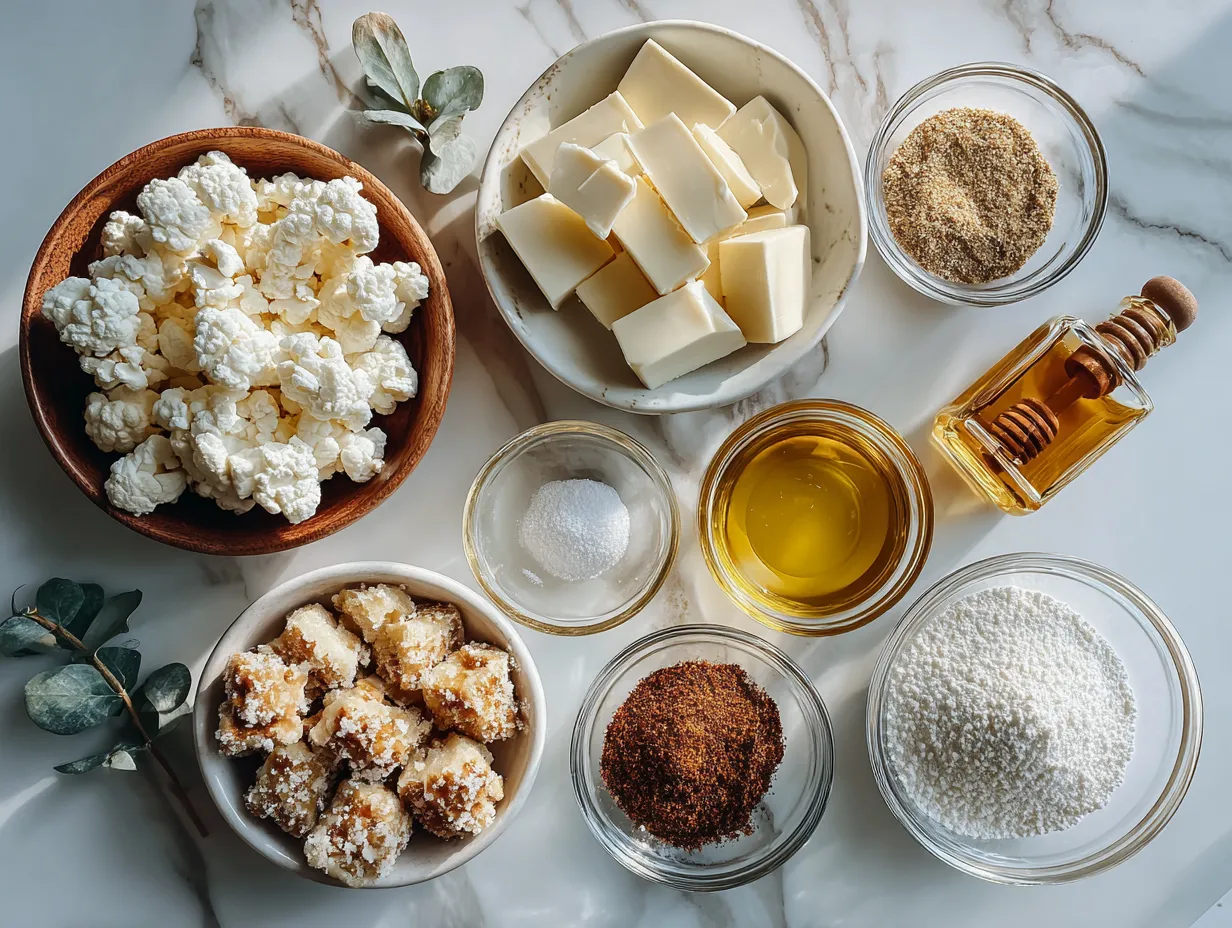 Raw ingredients for making fried brie bites, including brie, flour, spices, eggs, and panko breadcrumbs.