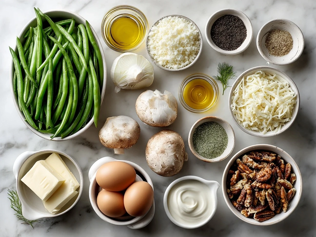 Raw ingredients for Garlic Parmesan Green Bean Casserole