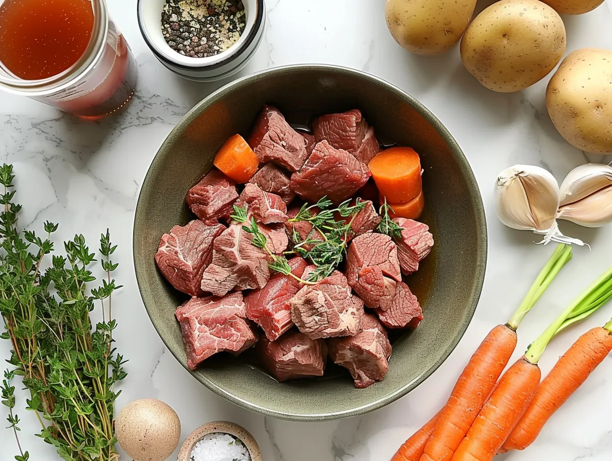 Raw ingredients for Guinness Beef Stew on a white marble countertop, including beef chuck, vegetables, and spices.