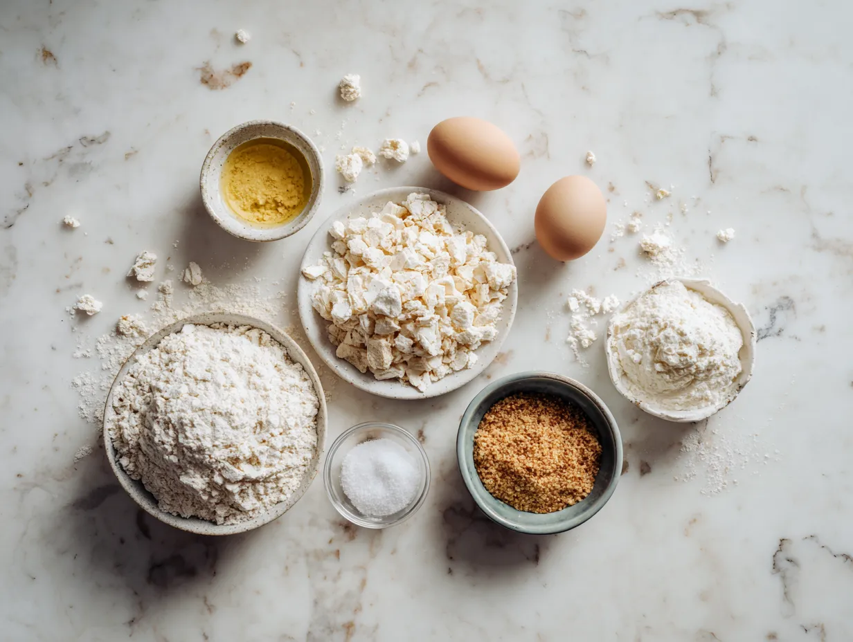 Ingredients for Irish Potato Pie Recipe including potatoes, cream, cheese, bacon, and spices.